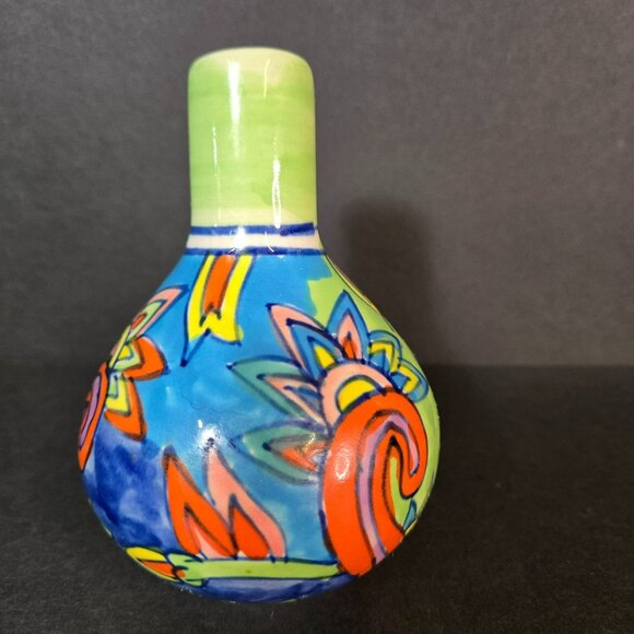 Hand-Painted Ceramic Bud Vase Green Tilted Neck Whimsical Colorful Floral Design - Picture 4 of 10